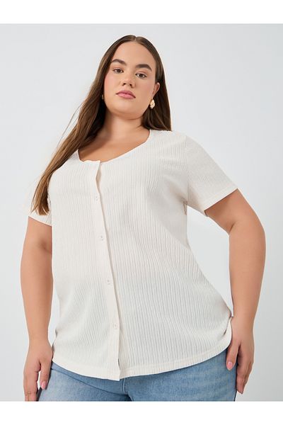 Styli Plus White Textured Blouse with Front Button