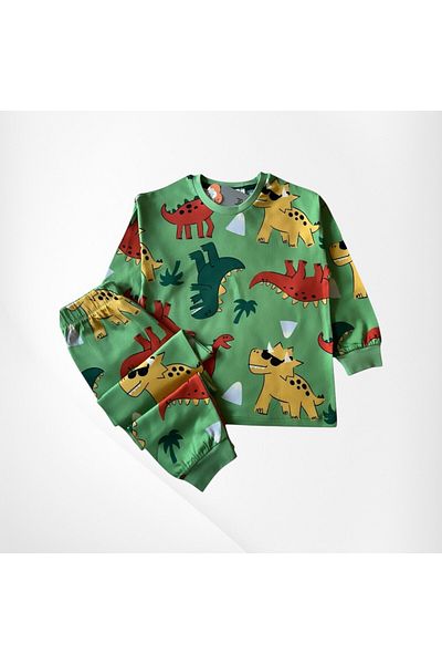 Pajama Shop Boys' 100% Cotton Green Color Dinosaurs Pattern Long Sleeve Winter Pajamas Set