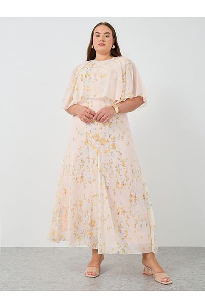 Styli Floral Print Cape Sleeve A-Line Maxi Dress