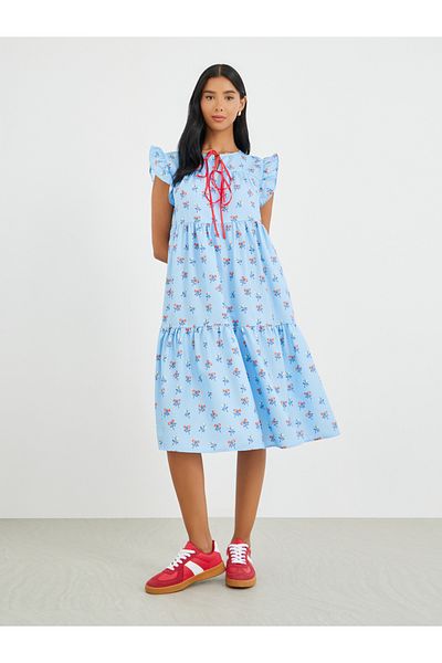 Styli Floral Print Ruffled Sleeve Tiered Midi Dress