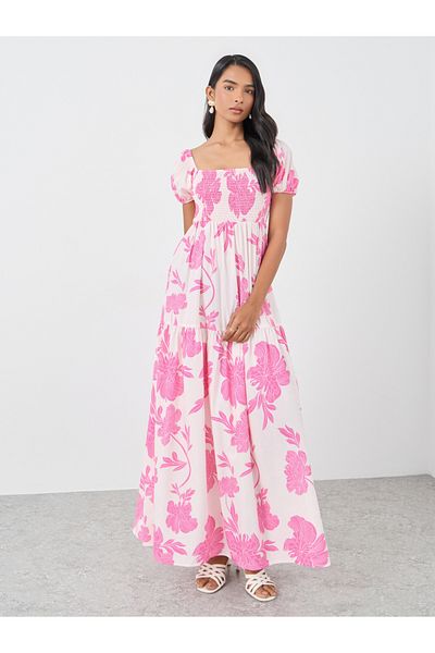 Styli Floral Print Puff Sleeve A-Line Maxi Dress