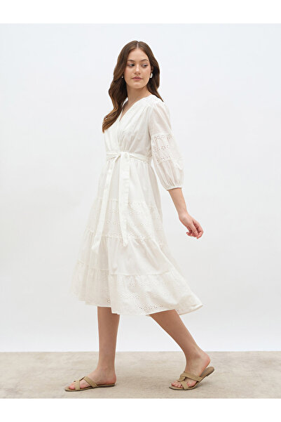 Styli Schiffli Wrap Balloon Sleeve Midi Dress