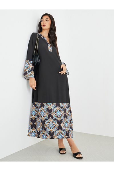 Styli Printed Notch Neck A-Line Jalabiya