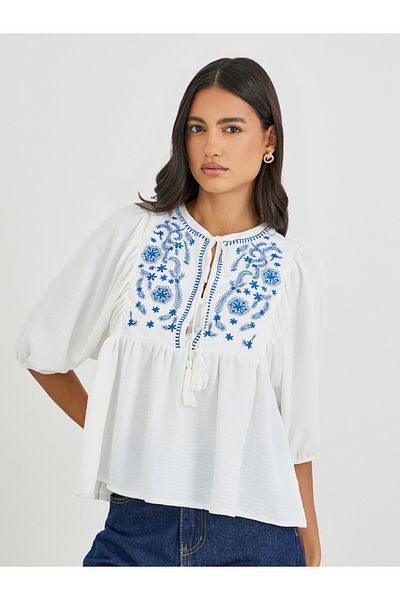 Styli Embroidered Tie-Up Neck Balloon Sleeve Blouse