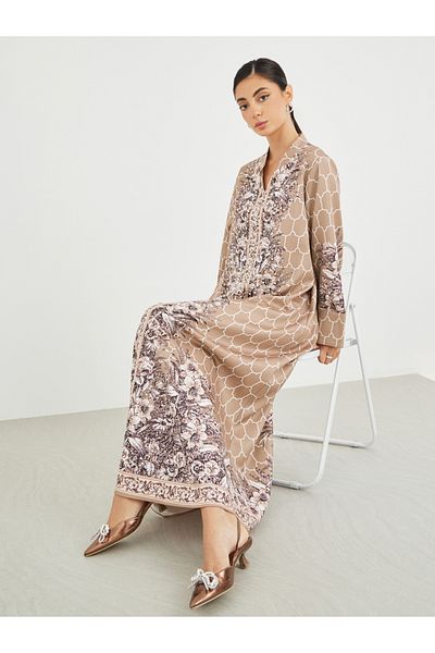 Styli Floral Print Embellished Mandarin Collar A-Line Jalabiya