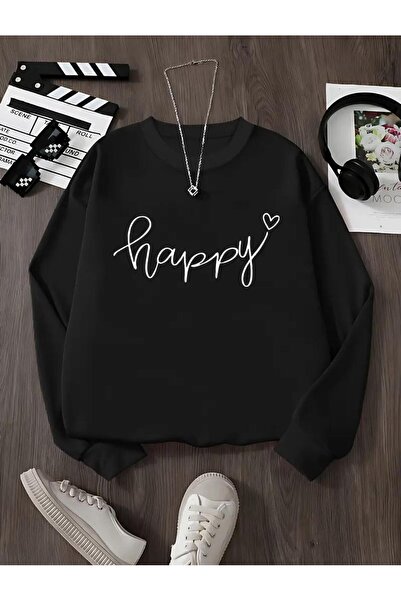 caddekombin Happy Printed Crew Neck Black Sweatshirt