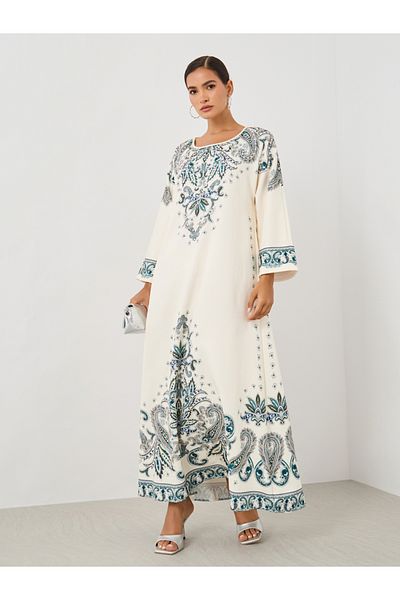 Styli Paisley Placement Print Round Neck Jalabiya