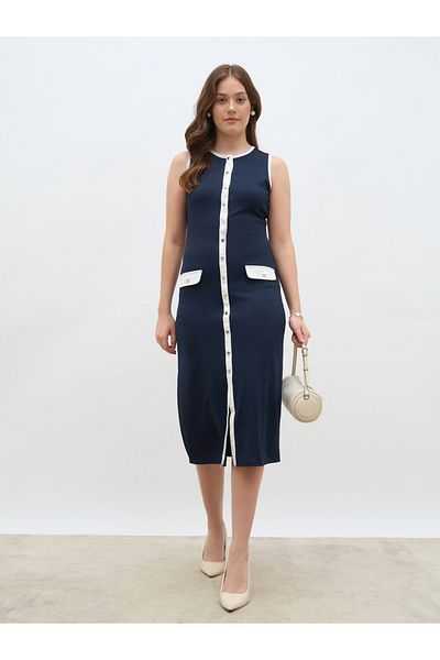 Styli Women Navy Blue Contrast Trim Sleeveless Sheath Midi Dress with Button Front