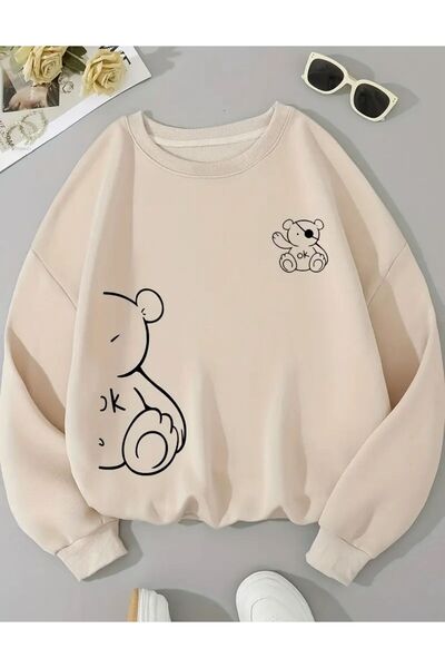 caddekombin Μπεζ φούτερ με λαιμόκοψη με χαριτωμένο στάμπα αρκούδας