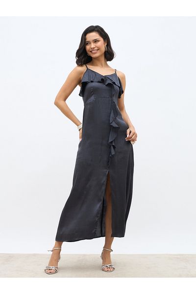 Styli Solid Ruffle Trim Strappy A-Line Maxi Dress with Slit
