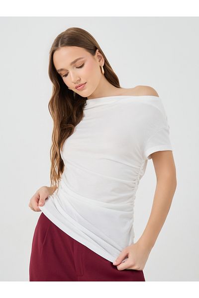 Styli Solid Off Shoulder T-Shirt with Gathered Detail