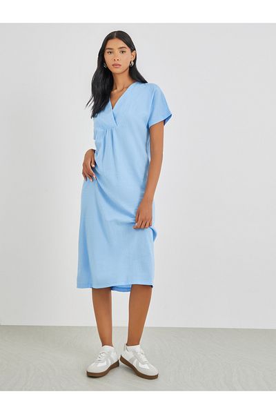 Take Two By Styli Texture V-Neck Short Sleeve Midi Dress