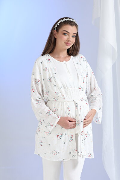 Tuba Women's Ecru Floral Patterned Woven Dressing Gown Maternity Pregnant 3-Piece Pajama Set