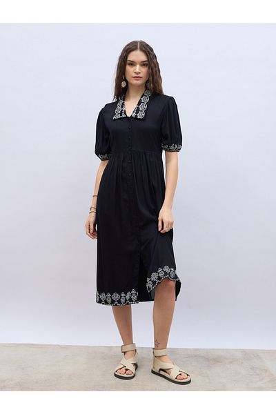Styli Embroidered V Neck Puff Sleeves A-Line Midi Dress
