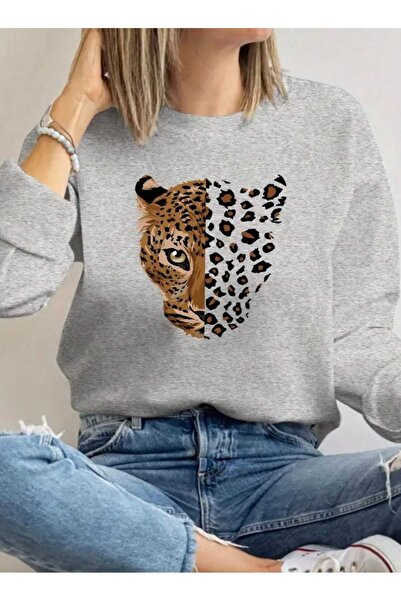 caddekombin Yarım Yüz Leopar Baskılı Bisiklet Yaka Gri Sweatshirt