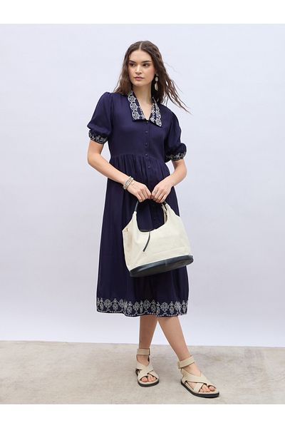 Styli Embroidered V Neck Puff Sleeves A-Line Midi Dress
