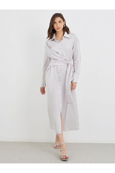 Styli Solid Buttoned Spread Collar Midi Dress with Tie-Up Detail