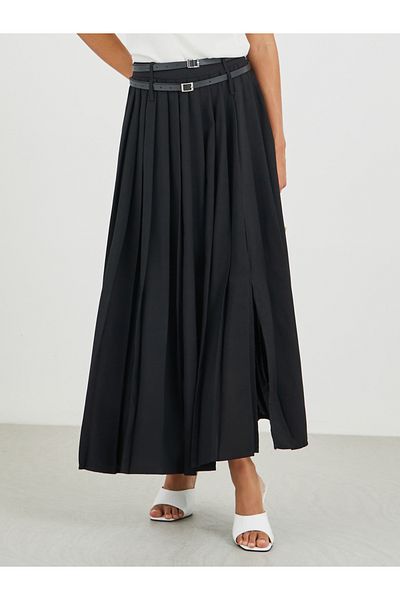 Styli Solid Gathered Detail A-Line Maxi Skirt with Belt Detail
