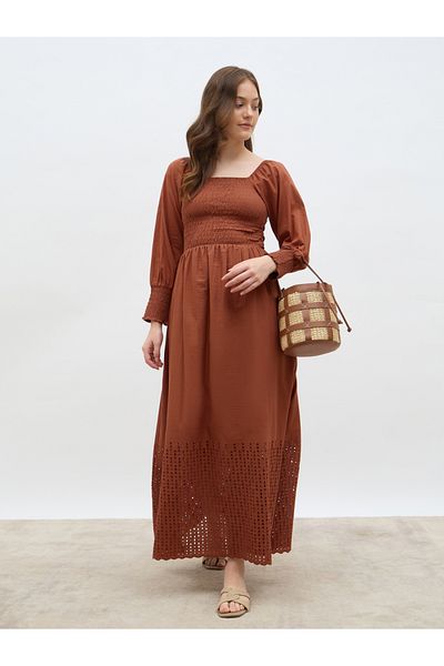 Styli Women Rust Smocked Square Neck A-Line Maxi Dress with Schiffli Hem