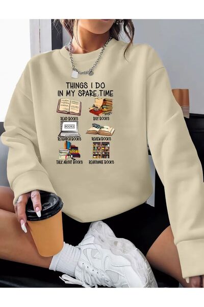 caddekombin Βιβλία Φούτερ με λαιμόκοψη με στάμπα σε μπεζ χρώμα