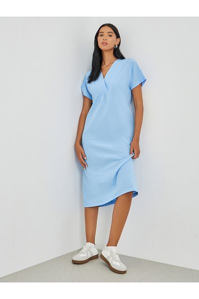 Take Two By Styli Texture V-Neck Short Sleeve Midi Dress
