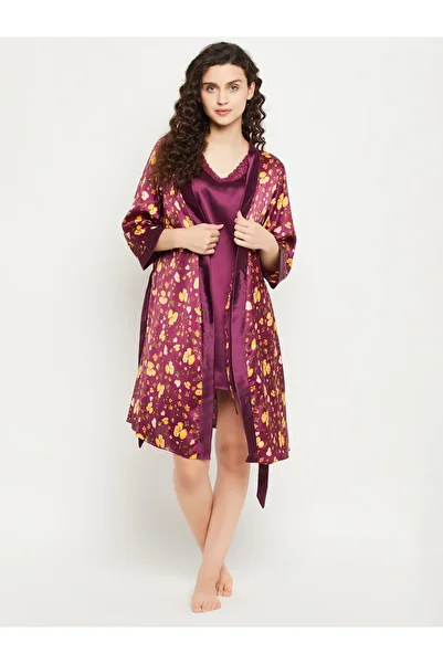 Clovia By Styli رداء ساتان بطبعة زهور وأكمام 3/4 مع تفاصيل ربطة عنق