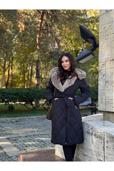 Atmosphere Fashion Long black jacket with hood and fur trim