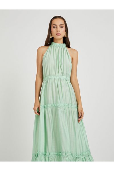 Styli Solid High Neck Sleeveless Tiered Maxi Dress
