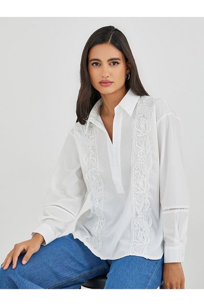 Styli Embroidered Long Sleeve Spread Collar Shirt