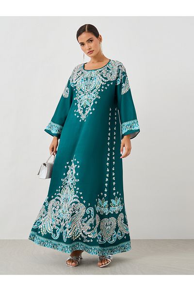 Styli Paisley Placement Print Round Neck Jalabiya