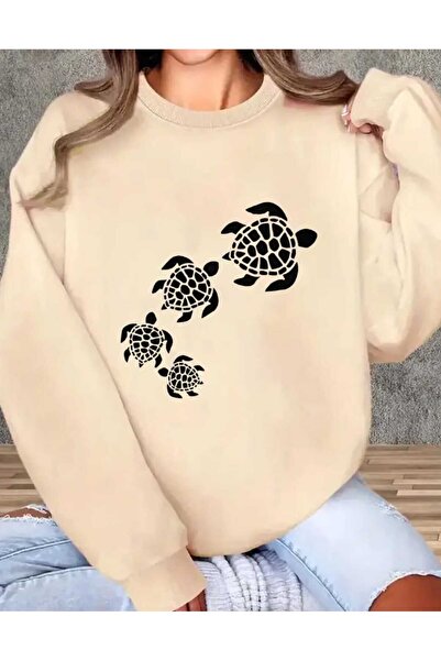 caddekombin Μπεζ φούτερ με λαιμόκοψη με στάμπα τεσσάρων χελών