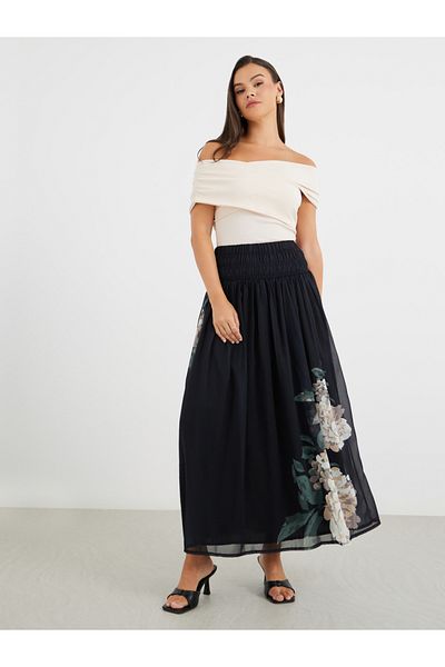 Styli Floral Print Pleated A-Line Maxi Skirt
