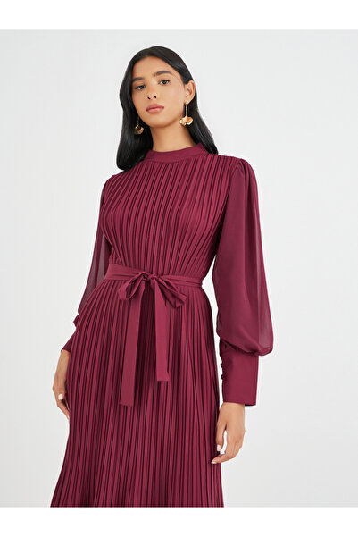 Take Two By Styli Solid Lantern Sleeve Pleated Ruffle Hem Midi Dress