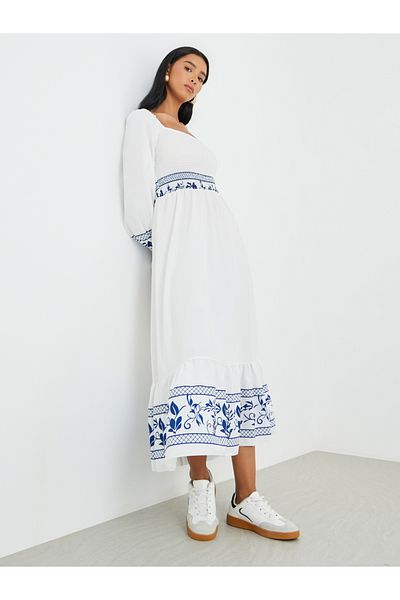 Styli Printed Long Sleeve Midi Dress with Smocked Detail