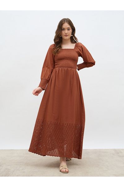 Styli Women Rust Smocked Square Neck A-Line Maxi Dress with Schiffli Hem