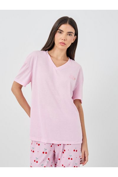 Styli Cherry Print V-Neck T-Shirt and Printed Pyjama Set
