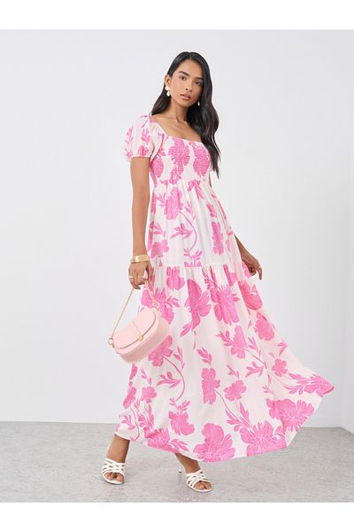 Styli Floral Print Puff Sleeve A-Line Maxi Dress