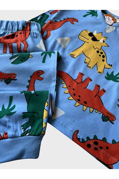 Pajama Shop Boys' 100% Cotton Blue Color Dinosaurs Pattern Long Sleeve Winter Pajamas Set