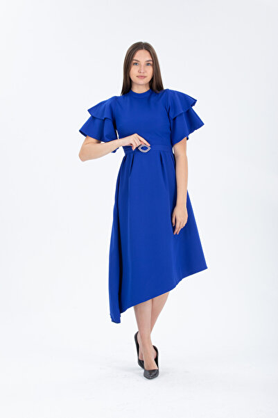 Stylish فستان ميدي ازرق بقصة مائلة وحزام على الخصر