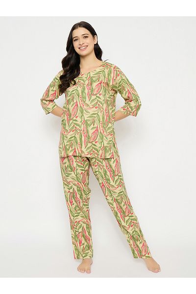Clovia By Styli Leaf Print Notch Neck Top and Pyjama Set