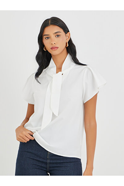 Take Two By Styli Solid Tie Up Neck Short Sleeve Blouse