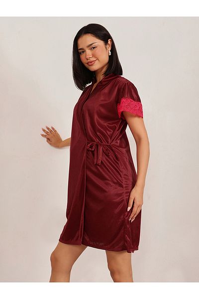 Clovia By Styli Lace Insert Short Sleeve Satin Robe and Nightdress Set