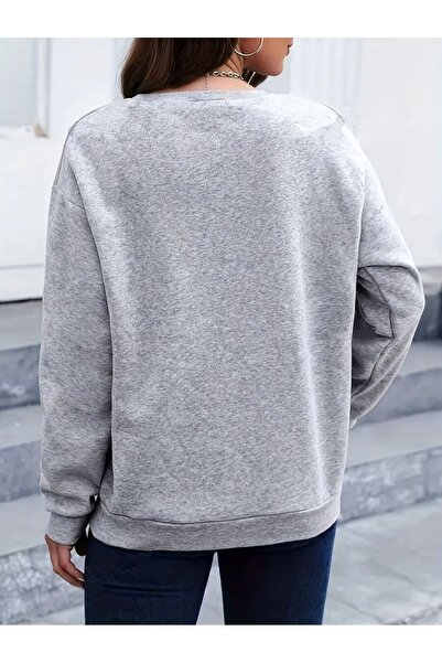 caddekombin Світшот з коміром-стійкою, сірий, з принтом «Пташине пір'я»