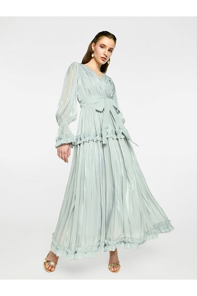 House of Moda By Styli Organza Ruffle Trim Pleated Maxi Dress