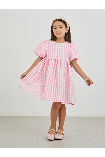 Styli Girls Pink Gingham Check Seersucker A-Line Dress