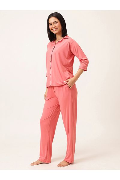 Clovia By Styli Solid 3/4 Sleeve Shirt and Pyjama Set