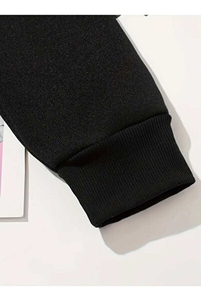 caddekombin Μαύρο φούτερ με λαιμόκοψη με στάμπα με φωτεινή ροζ κορδέλα