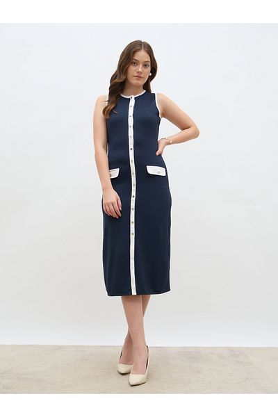 Styli Women Navy Blue Contrast Trim Sleeveless Sheath Midi Dress with Button Front