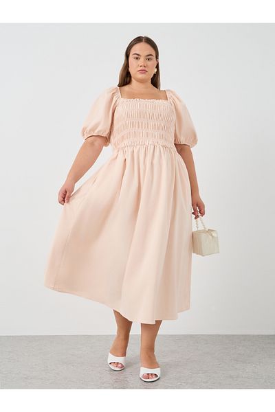 Styli Plus Size Puff Sleeve Smocked Detail A-Line Midi Dress