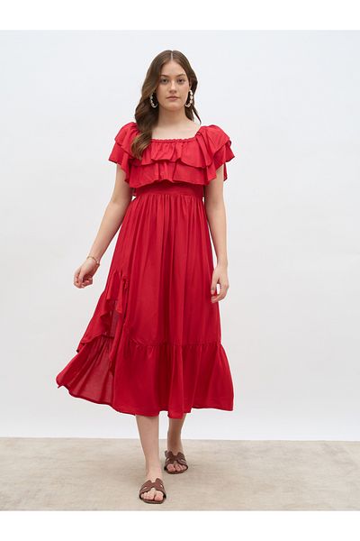 Styli Women Red Smocked Asymmetric Hem A-Line Midi Dress